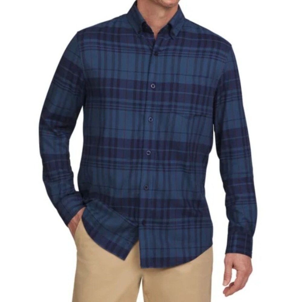 LANDS END Men Brushed Twill Button Down Shirt M Blue‎ Tartan Plaid Flannel NWT
